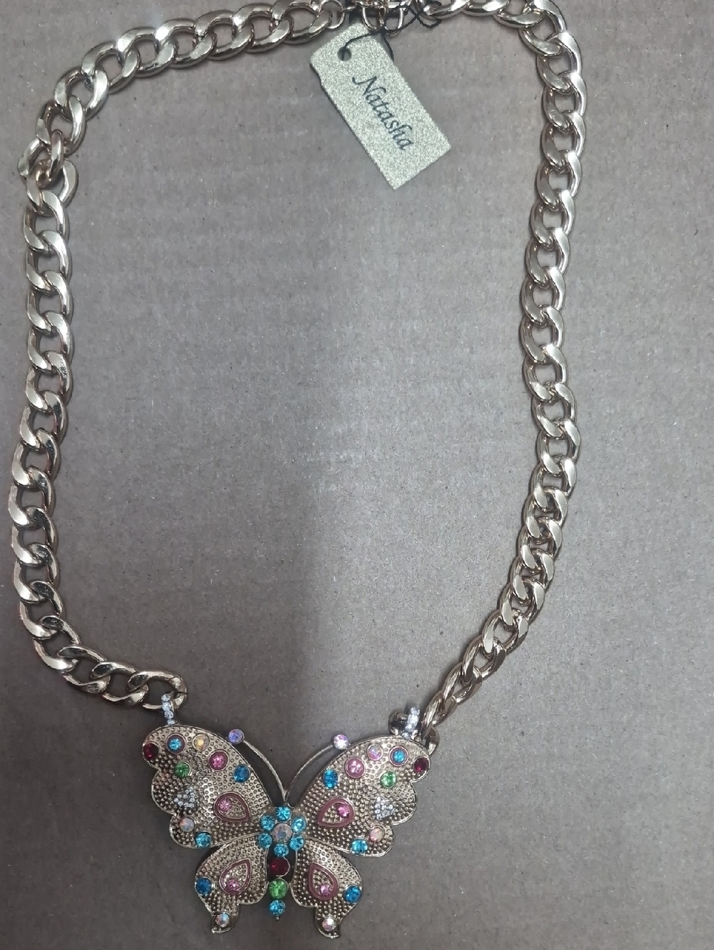 Natasha Couture Gold Butterfly Necklace with Pink, Blue, Green, Purple Accents